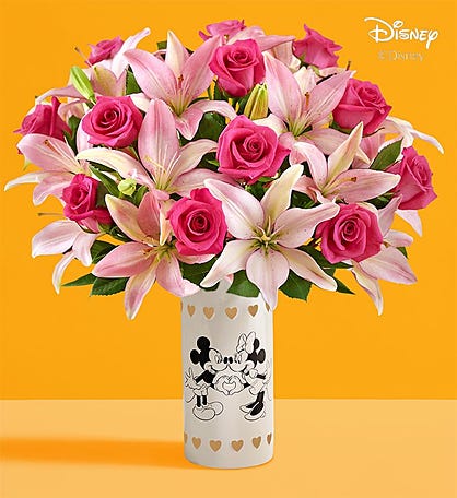 Disney Mickey Mouse & Minnie Mouse in Love Vase with Pink Rose & Lily